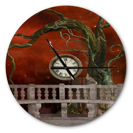 Designart 'Balcony with Clock and Tree Angels ' Vintage wall clock