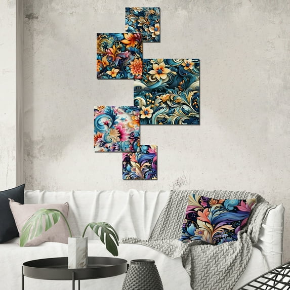 Designart "Ballet Of Springtime Florals In Blue" Floral Wall Art Set Of 5 - Blue Cottage For Bedroom Wall Art Set