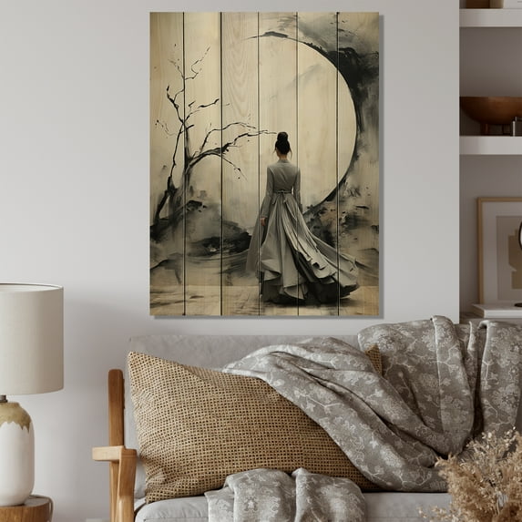 Designart "Ballet Sumi Asian beauty II" Asian Print on Natural Pine Wood