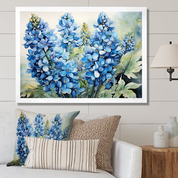 Designart "Ballet of Blue Bonnets Horizon Delight I" Floral Framed Wall Art Decor - Traditional Blue Blue Bonnets Entryway Framed Wall Art Print