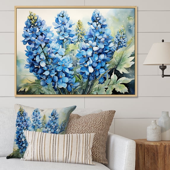 Designart "Ballet of Blue Bonnets Horizon Delight I" Floral Framed Wall Art - Traditional Blue Blue Bonnets Entryway Framed Wall Art