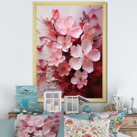 Designart "Ballet of Cherry Blossoms III" Floral Framed Wall Art - Traditional Pink Cherry Entryway Framed Wall Art