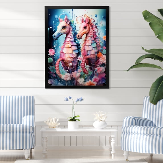Designart "Ballet of Seahorses in Blue and Pink" Animals Framed Wall Art - Traditional Pink Seahorse Hallway Framed Wall Art Decor