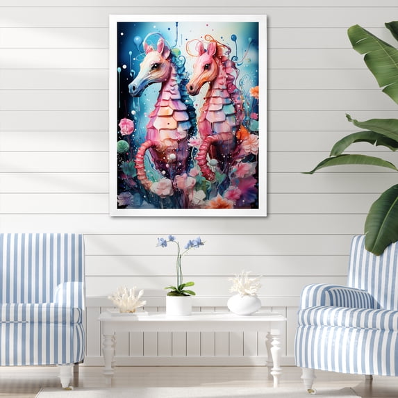 Designart "Ballet of Seahorses in Blue and Pink" Animals Framed Wall Art - Traditional Pink Seahorse Hallway Framed Wall Art Decor