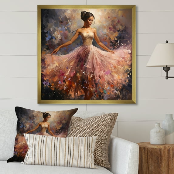 Designart "Balletic Movement Pink Dance of the Ballerina" Fashion Framed Wall Art Decor - Glam Pink Ballet Bedroom Framed Canvas Wall Art