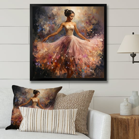 Designart "Balletic Movement Pink Dance of the Ballerina" Fashion Framed Wall Art Decor - Glam Pink Ballet Bedroom Framed Canvas Wall Art