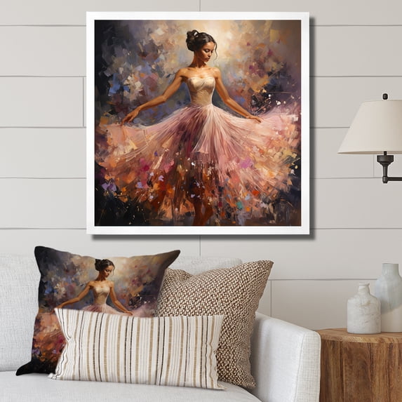 Designart "Balletic Movement Pink Dance of the Ballerina" Fashion Framed Wall Art Decor - Glam Pink Ballet Bedroom Framed Canvas Wall Art