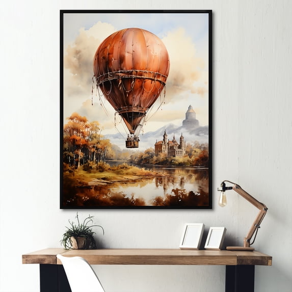 Designart "Balloon Adventure By The Castle" Hot Air Balloon Floater Framed Canvas Wall Art
