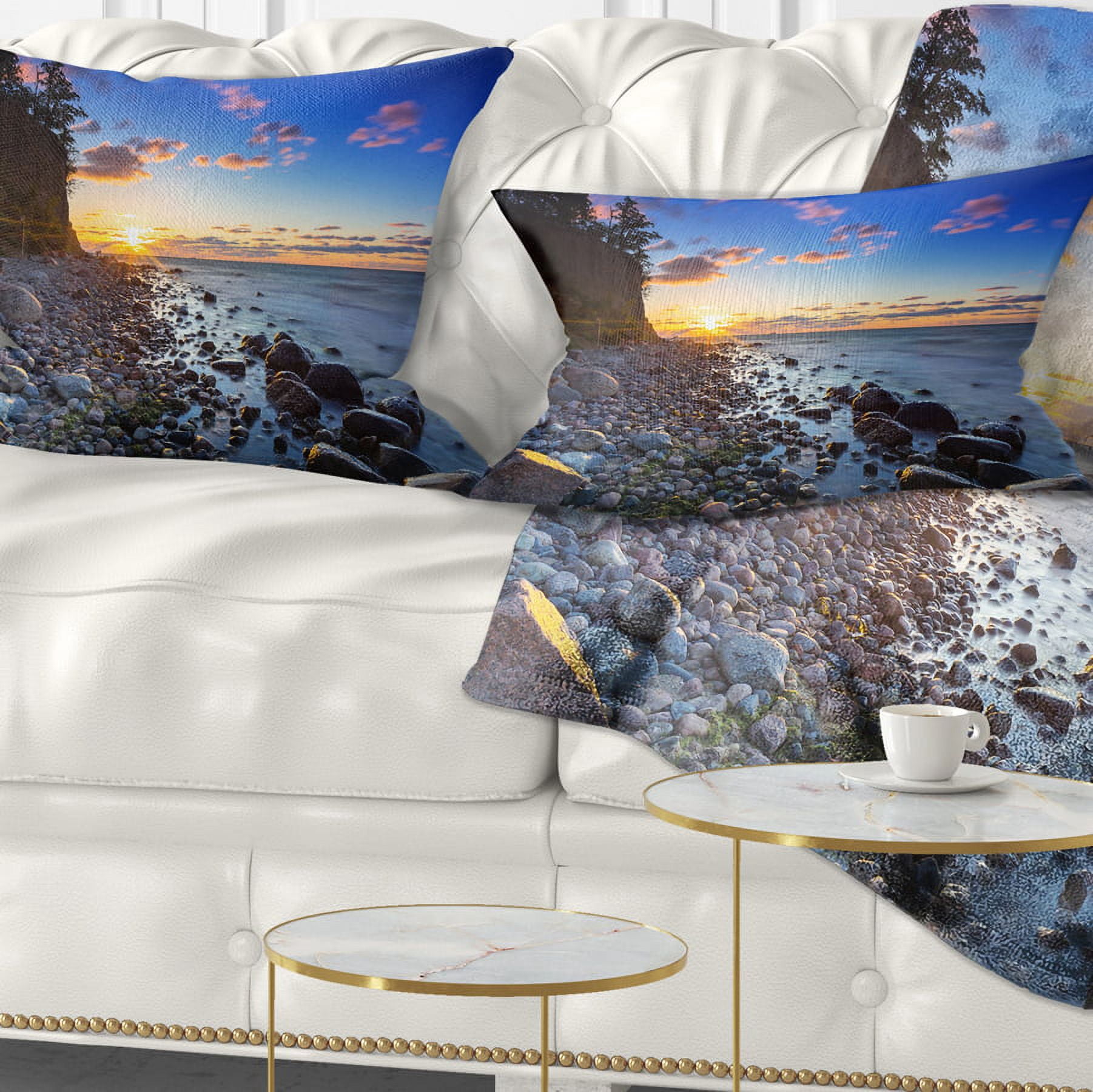Designart Baltic Sea and Orlowo Cliff at Sunrise - Seascape Throw Pillow - 12x20