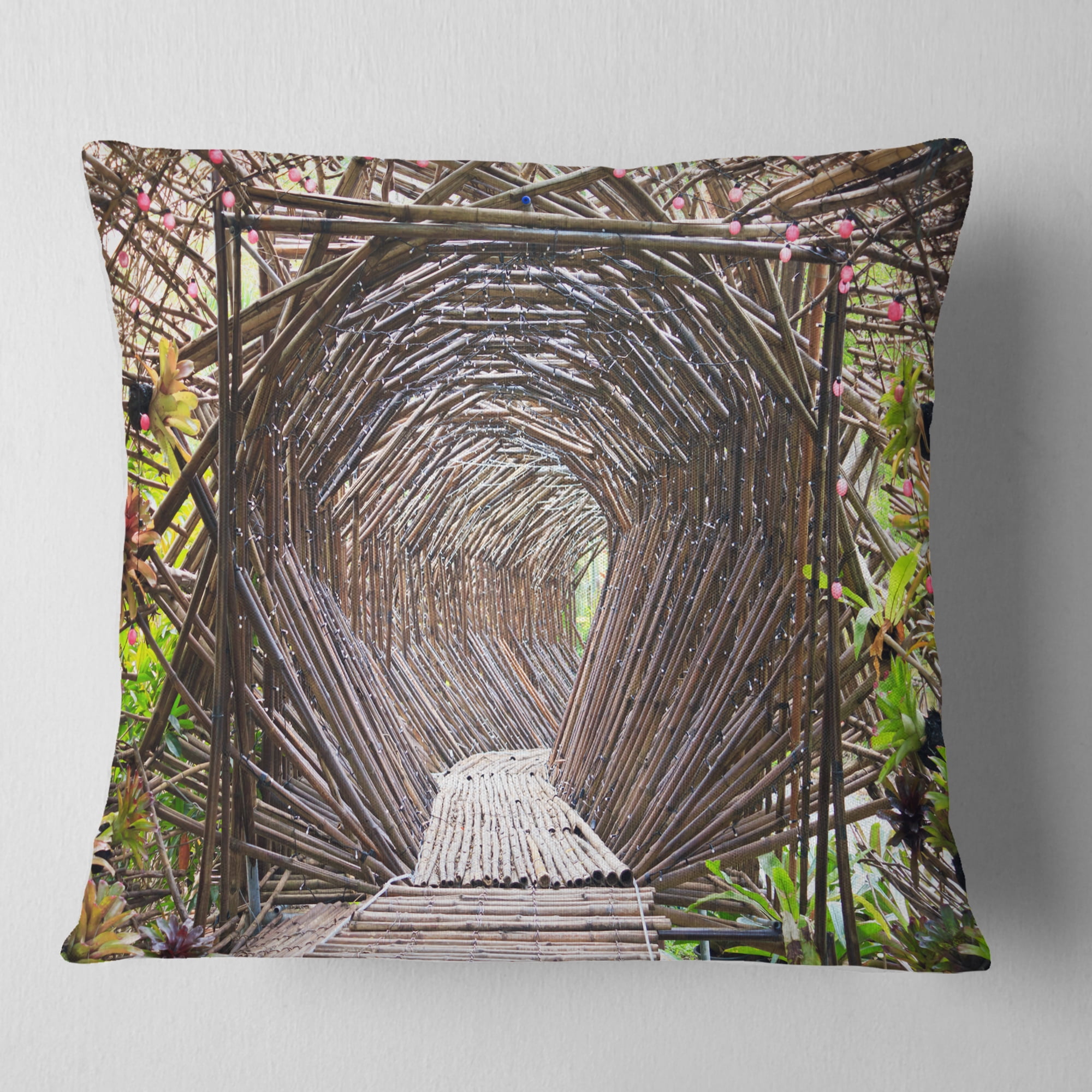 Designart Bamboo Tunnel in the Garden - Landscape Printed Throw Pillow - 18x18