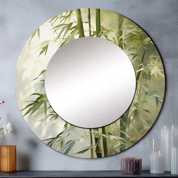 Designart "Bamboo love expression II" Bamboo Round Mirror Wall Décor Cottage - Large Green Round Mirror - Round Mirror 29" x 29" Inch