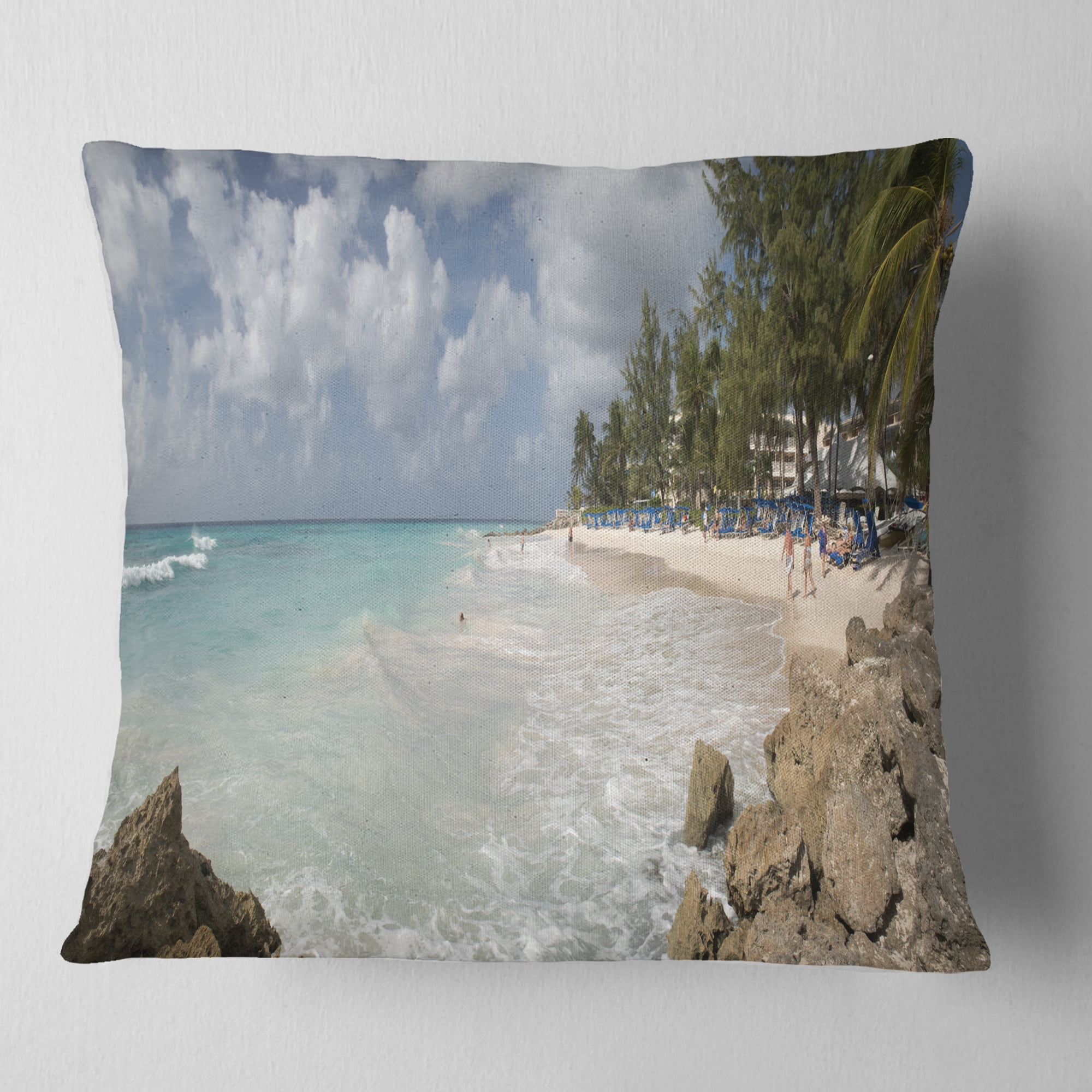Designart Barbados Island White Seashore - Modern Seascape Throw Pillow - 16x16