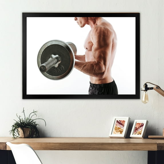 Designart "Barbell Workout For Sportsman" Aerobic & Bodybuilding Picture Framed Canvas Wall Art