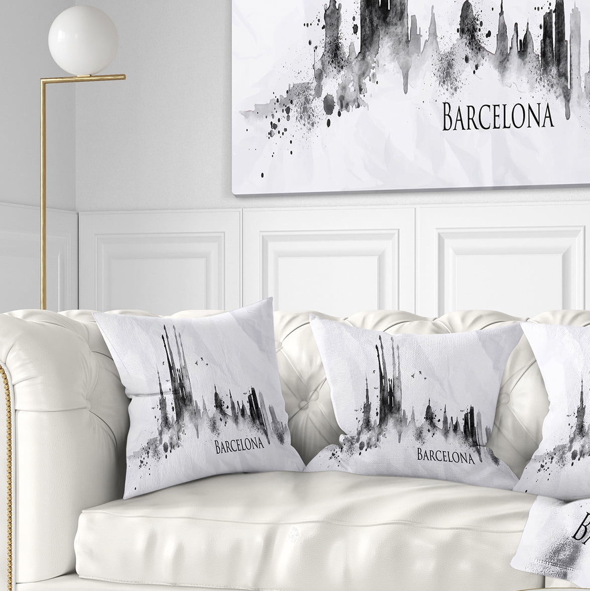 Designart Barcelona Black Silhouette - Cityscape Painting Throw Pillow - 16x16