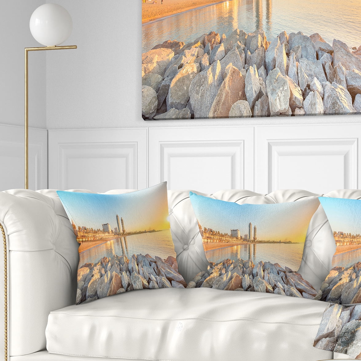 Designart Barceloneta Beach in Barcelona - Seashore Photo Throw Pillow - 18x18