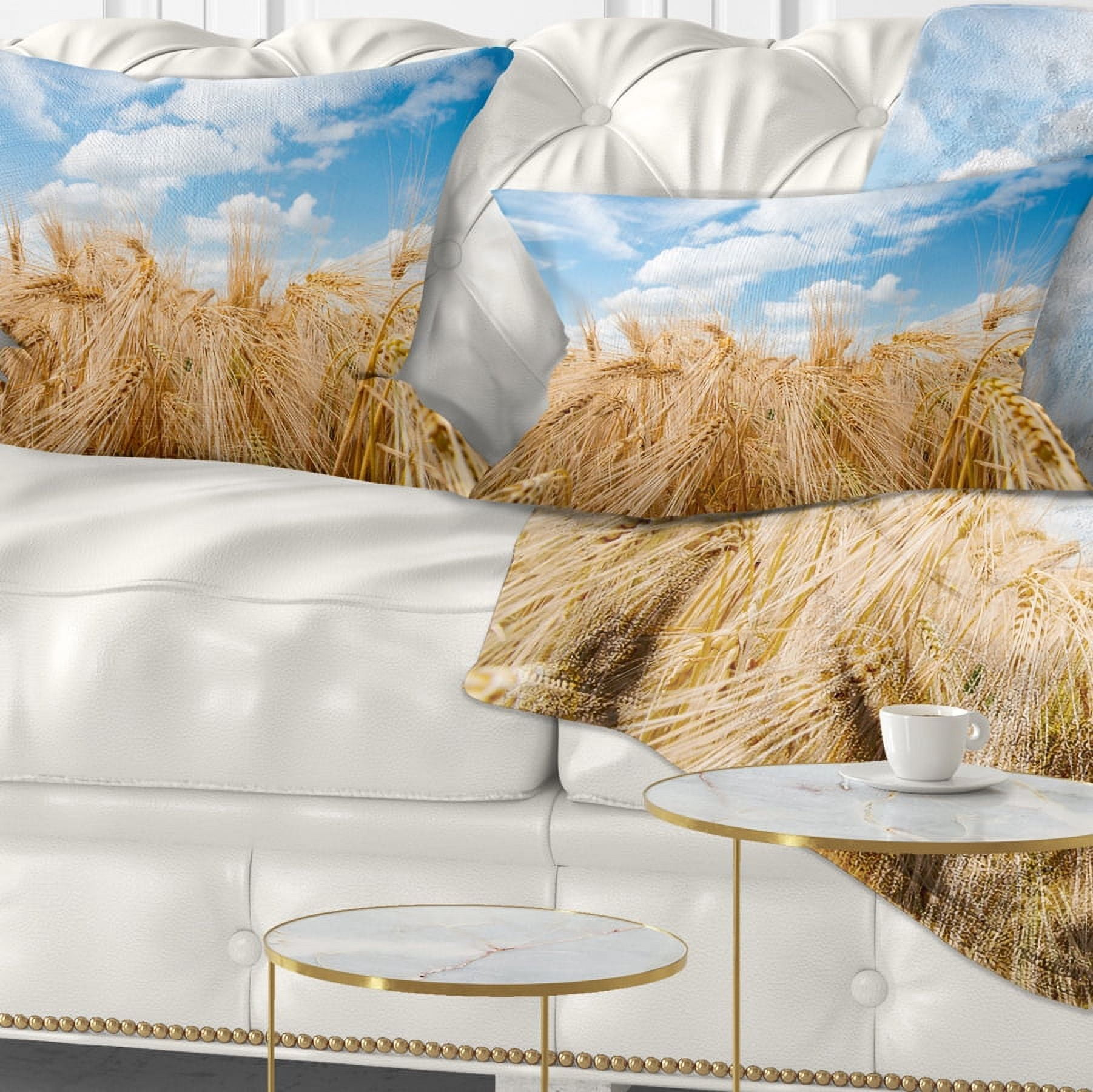 Designart Barley Field under Blue Sky - Landscape Printed Throw Pillow - 12x20
