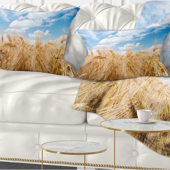 Designart Barley Field under Blue Sky - Landscape Printed Throw Pillow - 12x20