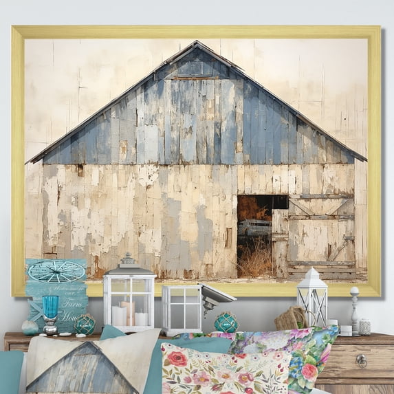 Designart "Barn In Beige And Blue" Barn Picture Framed Canvas Art Print