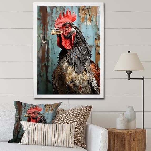 Designart "Barn Rooster Portrait Farmhouse Charm I" Animals Framed Wall Art - Traditional Red Chicken Entryway Framed Wall Art