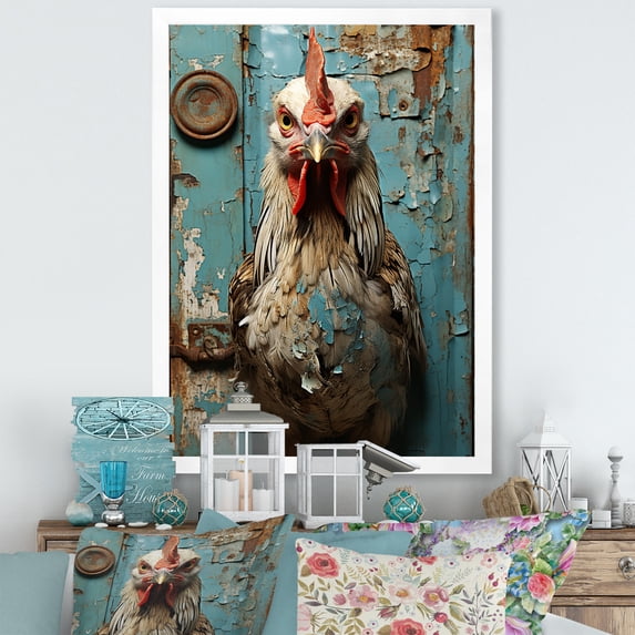 Designart "Barn Rooster Portrait Farmhouse Charm III" Animals Framed Wall Art - Traditional Red Chicken Living Room Framed Canvas Art