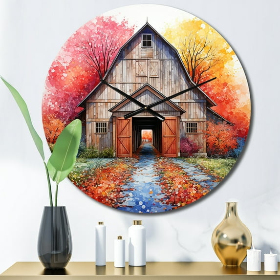 Designart "Barn consistency Pointillism I" Countryside Oversized Wall Clock