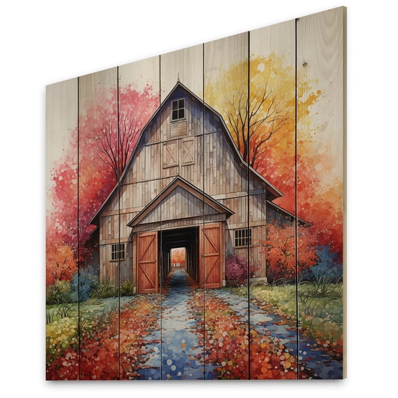 Designart "Barn consistency Pointillism I" Countryside Print on Natural Pine Wood