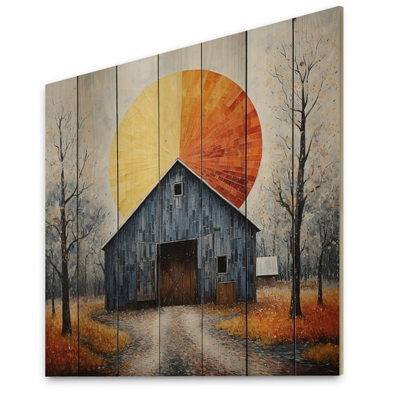 Designart "Barn consistency Pointillism II" Countryside Print on Natural Pine Wood