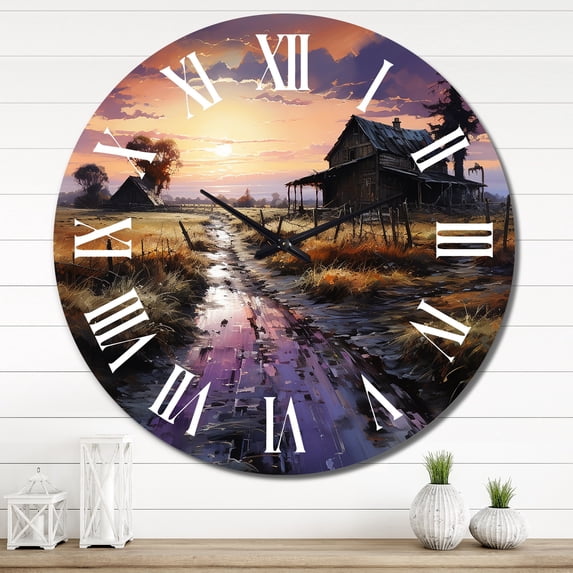 Designart "Barns Under Evening's Veil" Countryside Oversized Wall Clock
