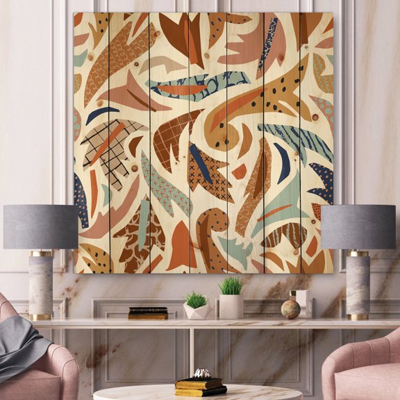 Designart 'Baroque Inspired Stylized Doodles Shapes' Bohemian & Eclectic Print on Natural Pine Wood