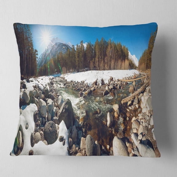 Designart Baskan Mountain River at Wintertime - Landscape Printed Throw Pillow - 18x18