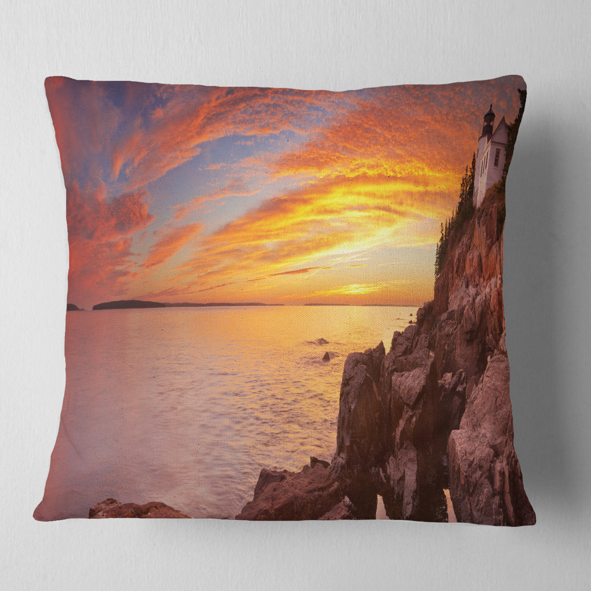 Designart Bass Harbor Head Lighthouse Panorama - Modern Seascape Throw Pillow - 18x18