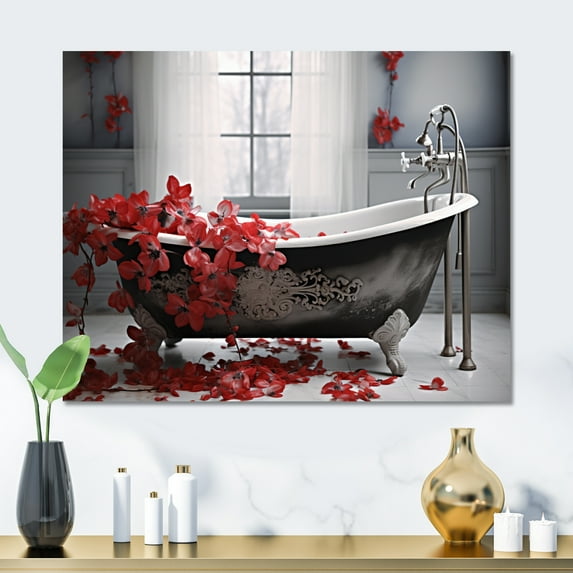 Designart "Bathing in Red Florals I" Bath & Laundry Metal Art Living Room