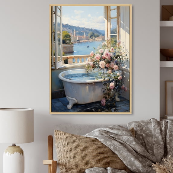 Designart "Bathroom in France" Floral Floater Framed Wall Art Print