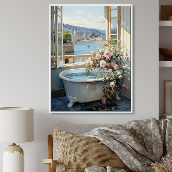 Designart "Bathroom in France" Floral Floater Framed Wall Art Print