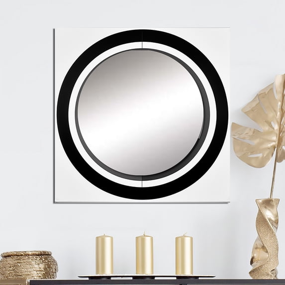 Designart "Bauhaus Circular Minimalism Black and White II" Modern Geometric Square Mirror For Wall Decor - Large Black Square Mirror Printed Wall Decor - Modern Square Living Room Mirror