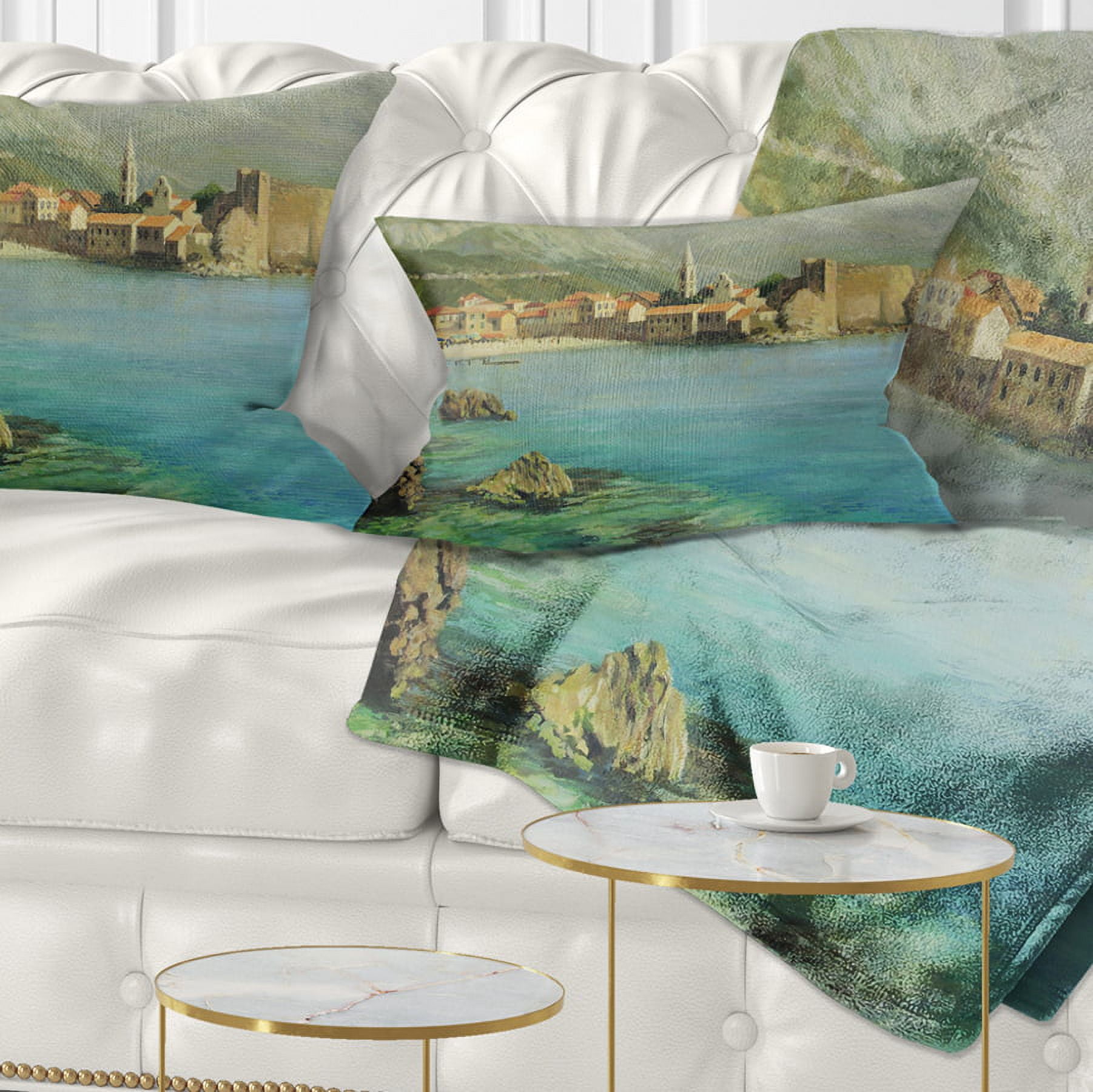 Designart Bay Near Old Budva - Landscape Painting Throw Pillow - 12x20