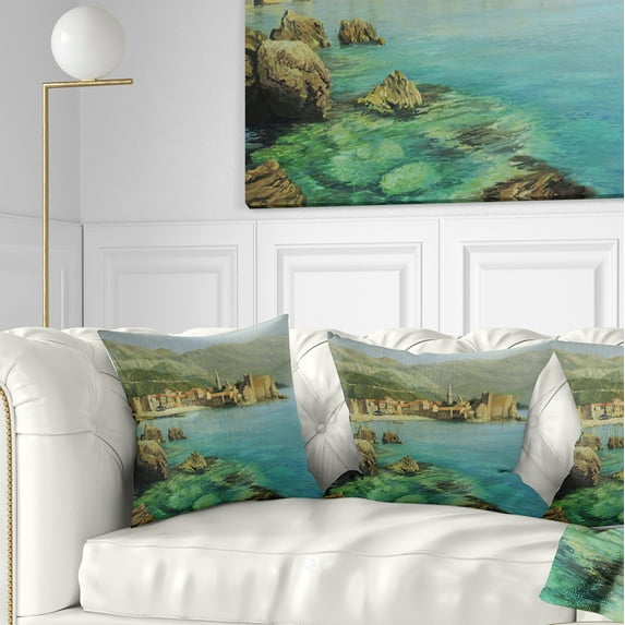 Designart Bay Near Old Budva - Landscape Painting Throw Pillow - 18x18