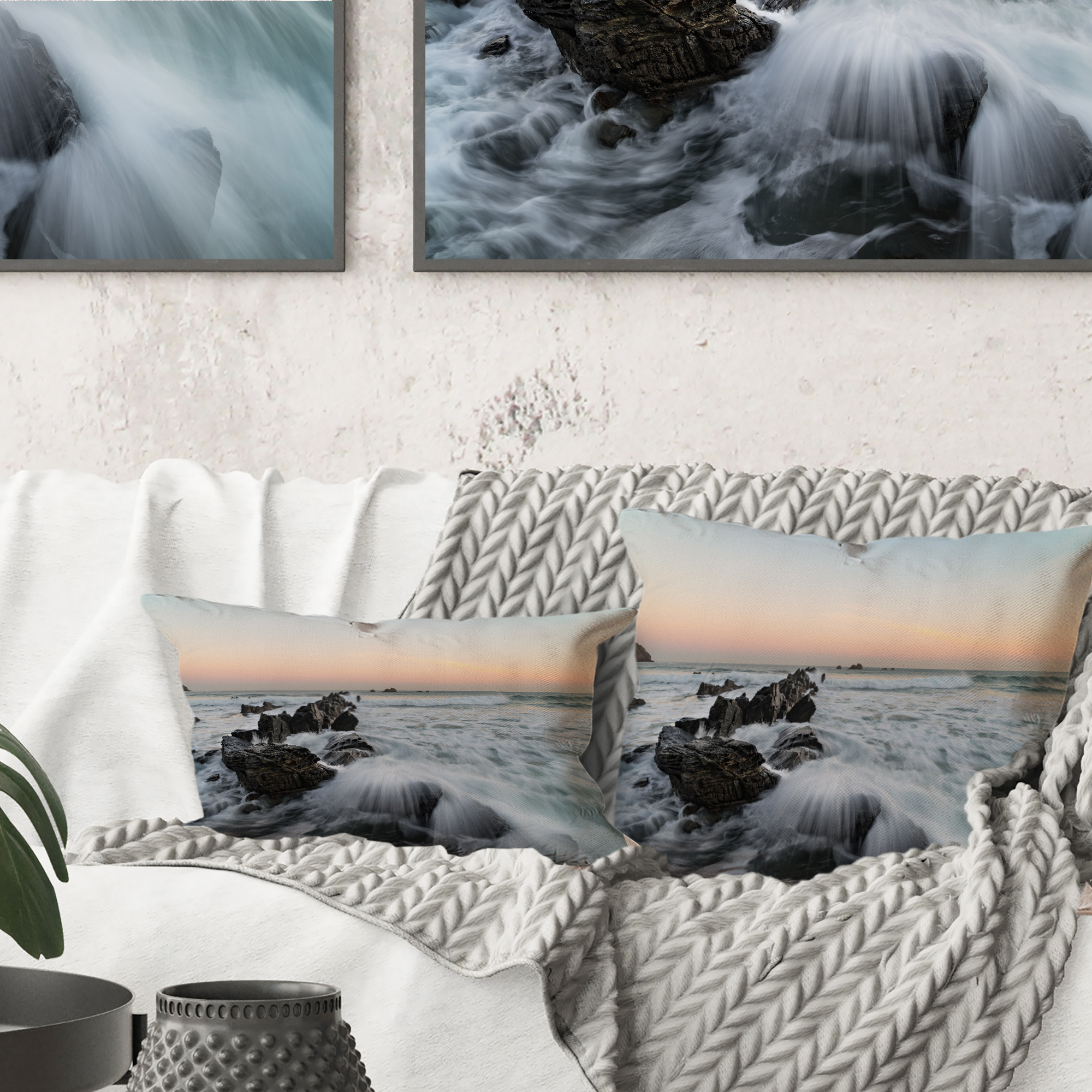 Designart Bay of Biscay White Waves Hitting Beach - Seashore Throw Pillow - 18x18