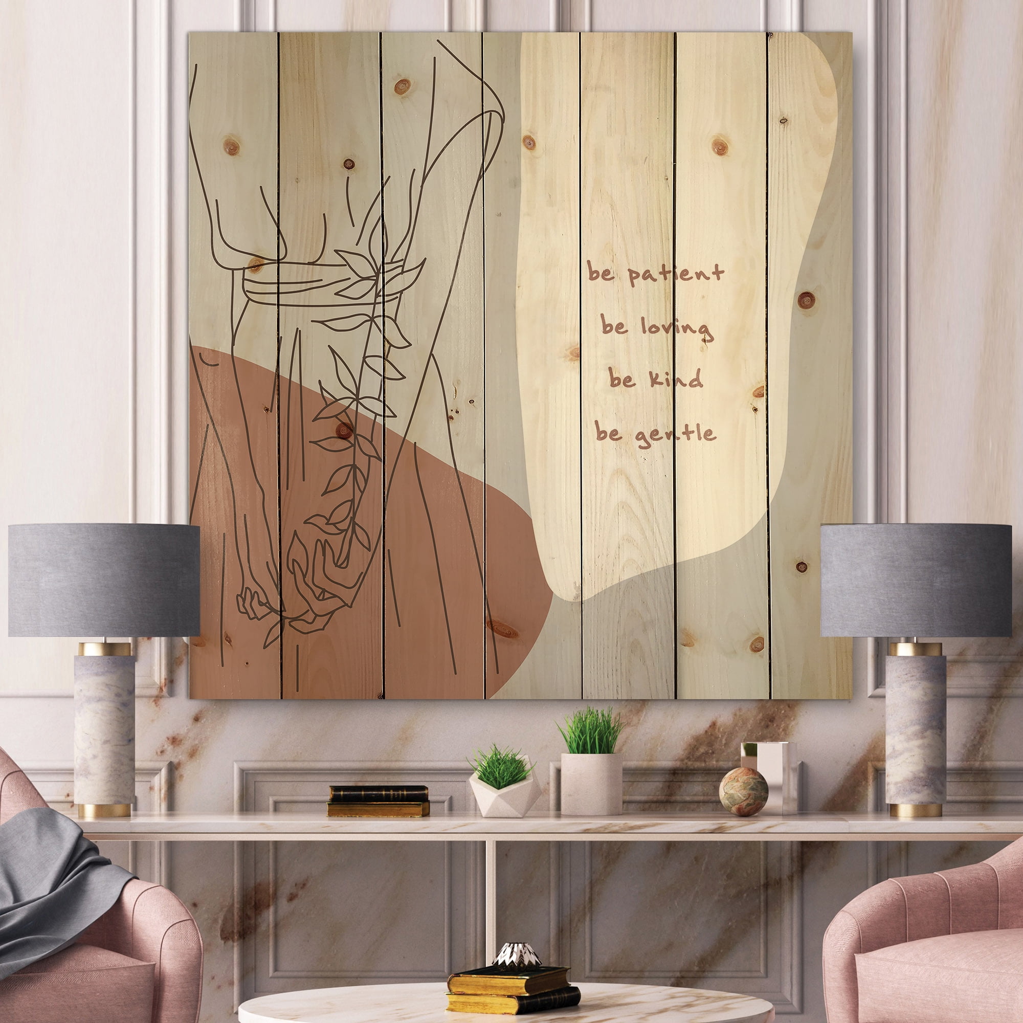 Designart 'Be Patient Be Kind Be Loving Be Patient One Line Leave' Modern Print on Natural Pine Wood