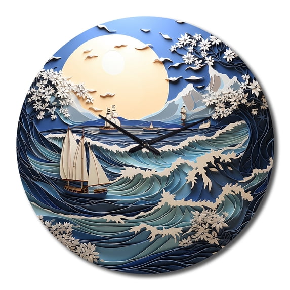 Designart "Beach Boat gracefulness Papercut II" Beach Oversized Wall Clock