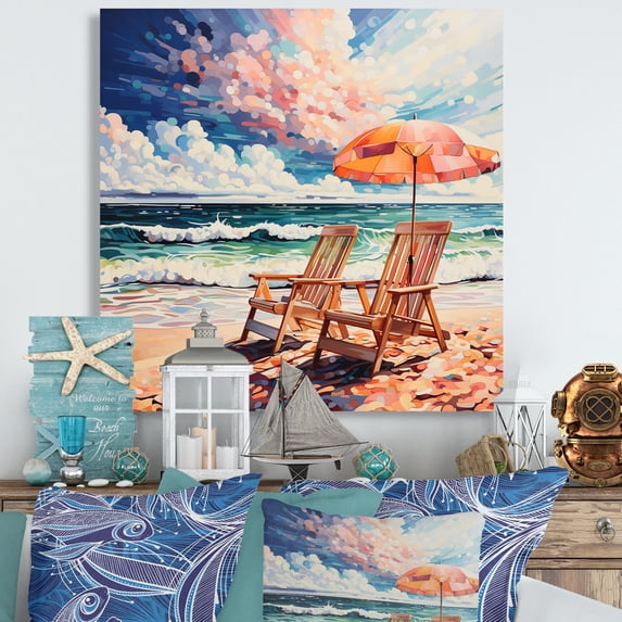 Designart "Beach Chairs Beautify Scenery I" Nautical & Beach Metal Wall Art Prints