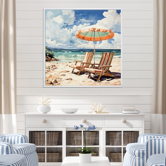 Designart "Beach Chairs Beautify Scenery III" Nautical & Beach Floater Framed Canvas Art Print