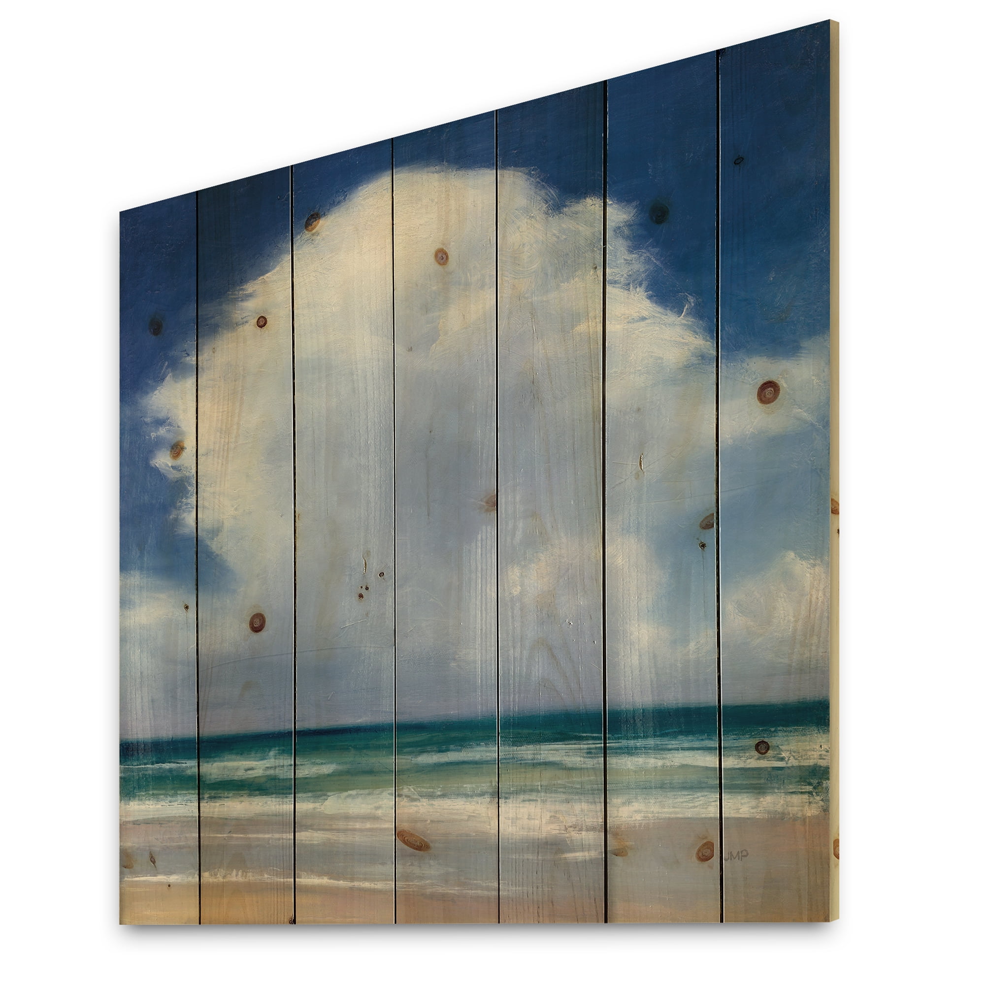 Designart 'Beach Clouds On Turquoise Beach' Coastal Landscape Print on Natural Pine Wood