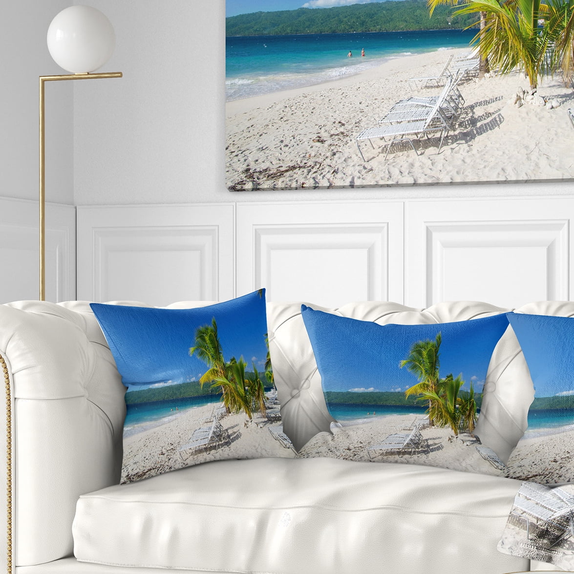 Designart Beach Coconut Palms in Wind - Seashore Photo Throw Pillow - 16x16