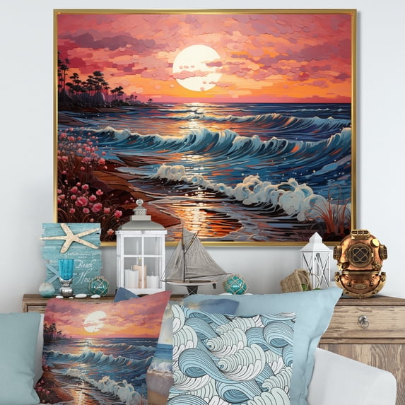Designart "Beach Crimson Sunset painting" Nautical & Beach Floater Framed Wall Art Living Room