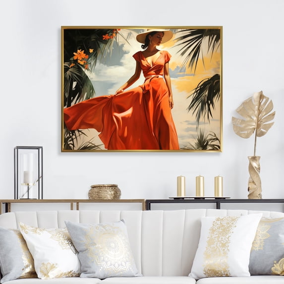 Designart "Beach Escape Vacation Woman Portrait" Fashion Framed Wall Art - Glam Orange Woman Mexican Living Room Framed Canvas Art
