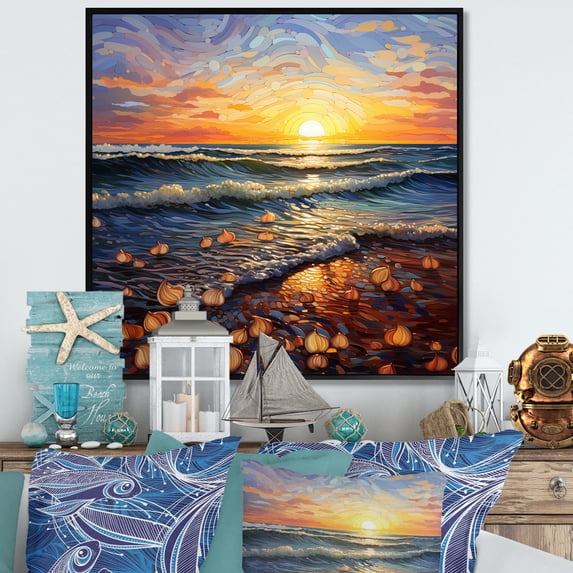 Designart "Beach Golden Sands Painting I" Nautical & Beach Floater Framed Wall Art Living Room
