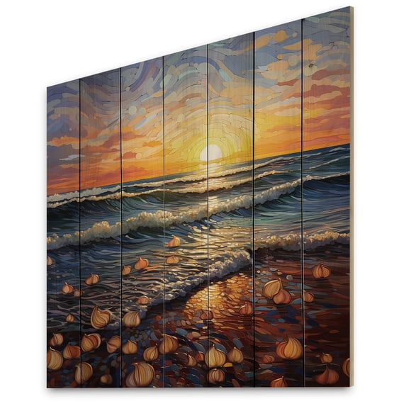 Designart "Beach Golden Sands Painting I" Nautical & Beach Print on Natural Pine Wood