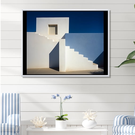 Designart "Beach House With Geometric Patterns In Soft Colors" Coastal Minimalism Floater Framed Canvas Wall Art