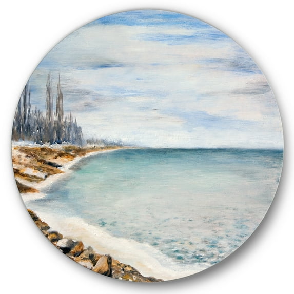 Designart 'Beach Is Covered With Ice' Nautical & Coastal Circle Metal Wall Art 23x23 - Disc of 23